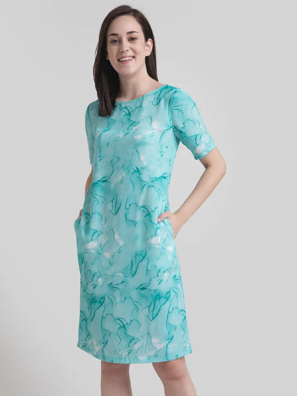 Long dress for elegant outings -Boat Neck Marble Print Shift Dress - Aqua