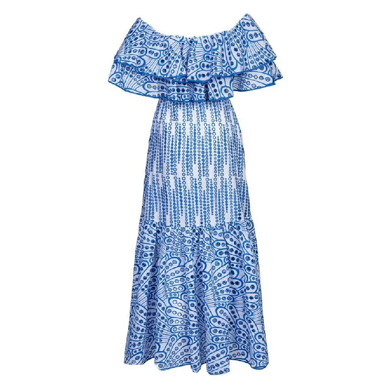 Dress with belt -Boho Broderie Anglaise Off the Shoulder Shirred Ruffled Tiered Maxi Dress