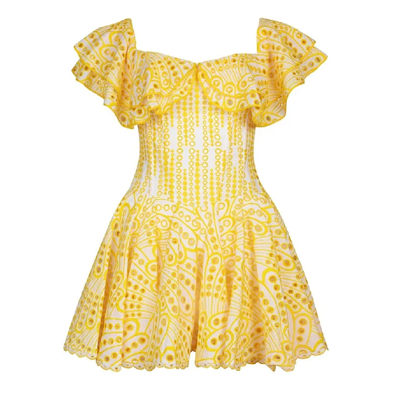 Soft fabric dresses -Boho Ruffled Off the Shoulder Smocked Back Broderie Anglaise Mini Dress