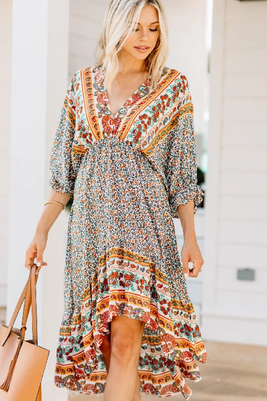 Romantic dresses for evening -Boho Summer Cream White Floral Midi Dress