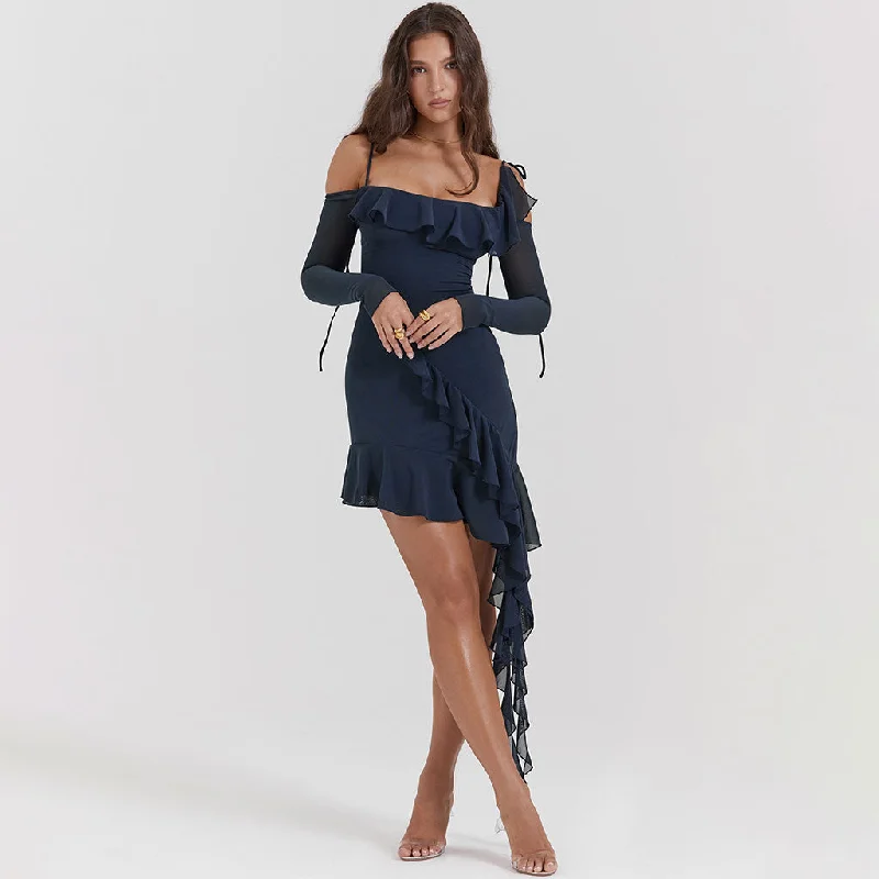 Ruffle sleeve dresses -Breezy Bow Tie Scoop Neck Long Sleeve Sheer Mesh Asymmetric Ruffle Mini Dress