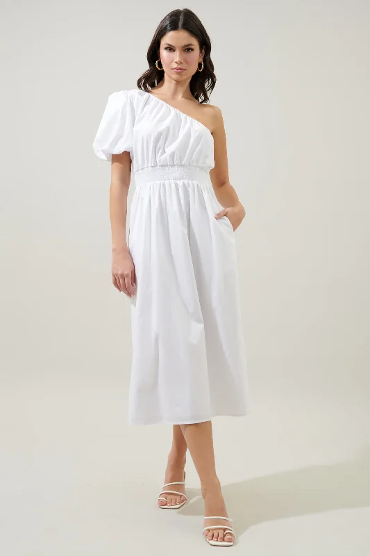 Dresses for spring events -Bridgette One Shoulder Balloon Sleeve Poplin Midi Dress