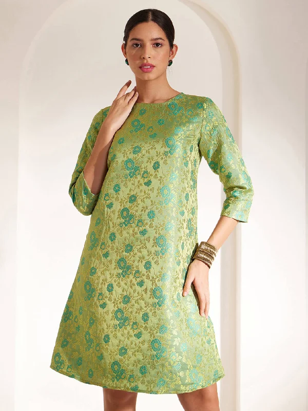 Evening dresses with floral embroidery -Brocade Boat Neck Shift Dress - Green And Gold