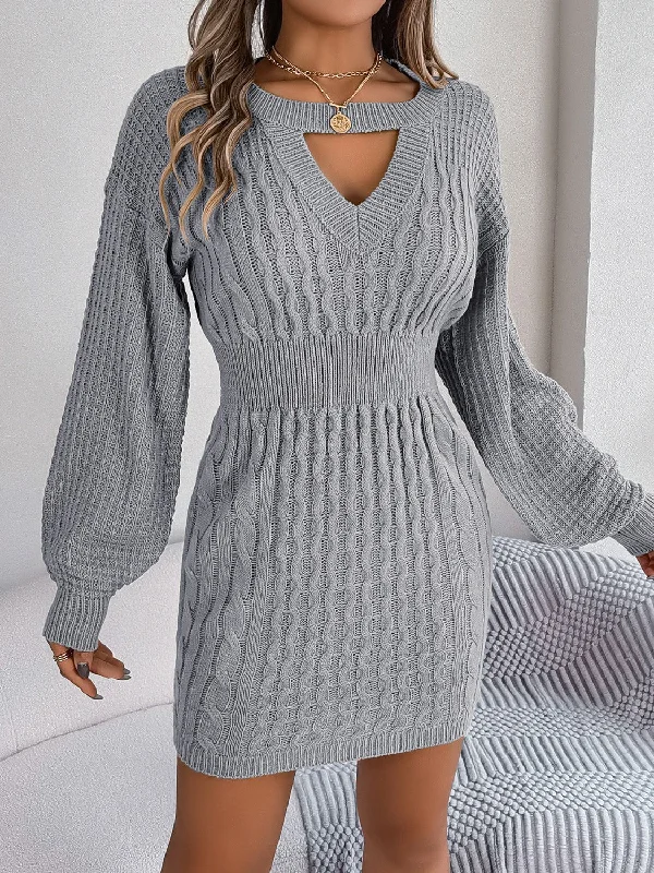 Dresses with asymmetrical details -Cable-Knit Cutout Round Neck Slit Sweater Dress