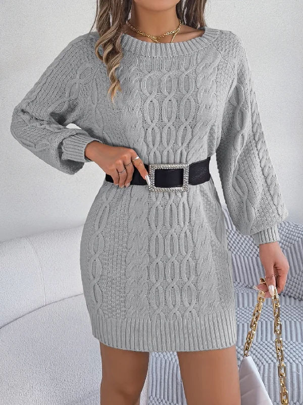 Dresses with oversized sleeves -Cable-Knit Round Neck Sweater Dress