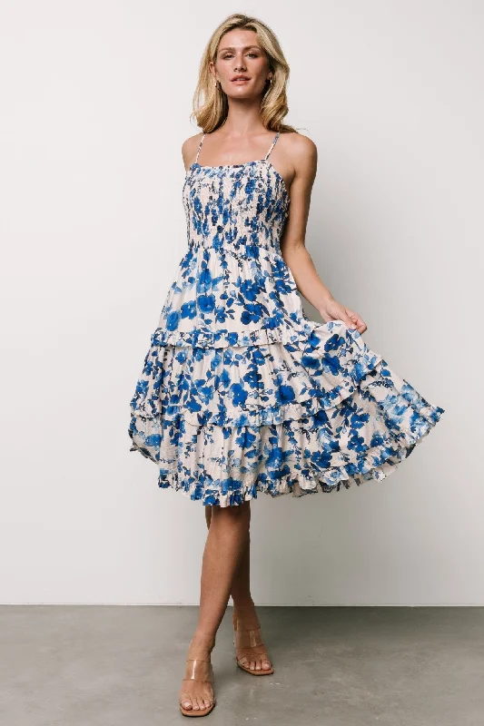 Dresses for elegant family dinners -Calina Midi Dress | Ivory + Blue Floral