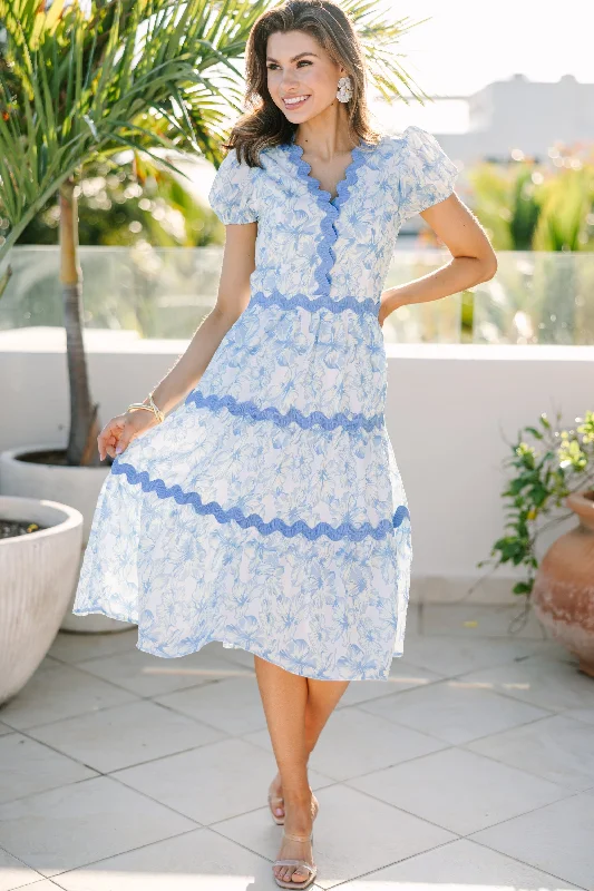 Dresses for daily wear -Call On Me Blue Floral Midi Dress