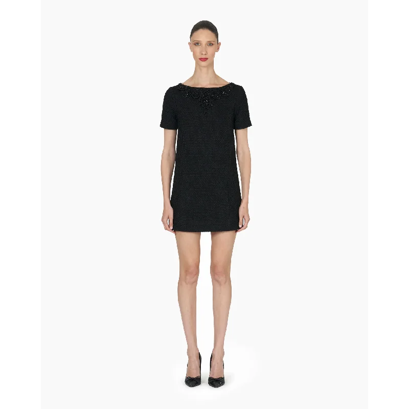 Summer dresses for women -Embellished Boat Neck Shift Mini Dress | Black