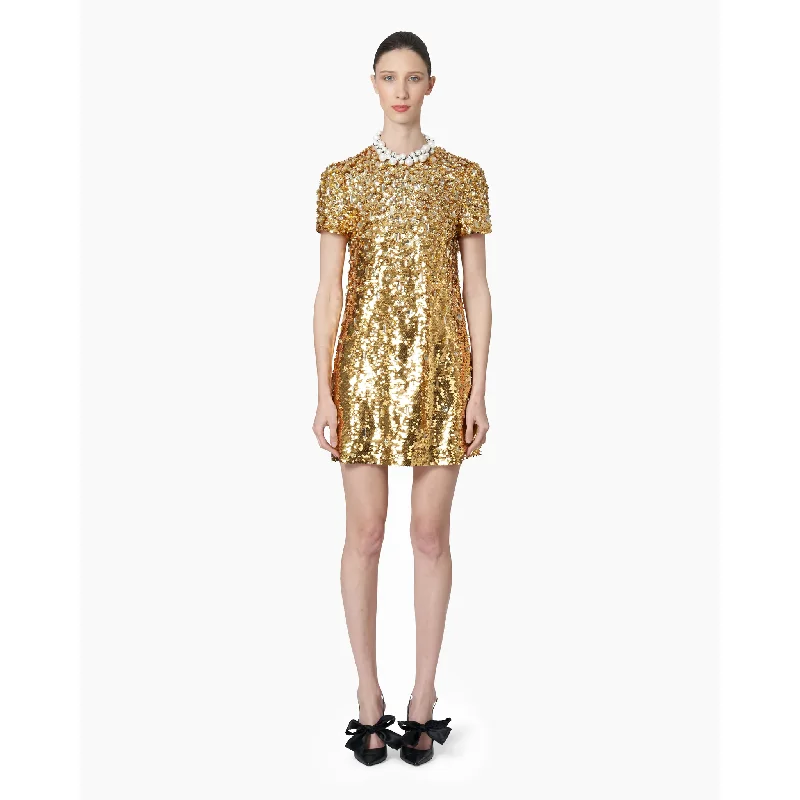 Elegant evening dresses -Embellished Short Sleeve Shift Dress | Gold