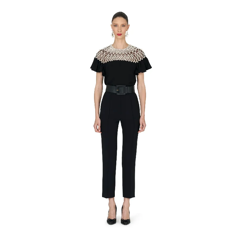 Dresses with elegant lace accents -Embellished Yoke Short Sleeve Top | Black x Pearl