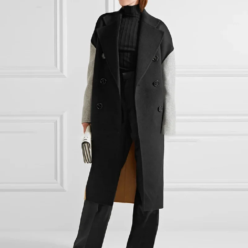 Casual black dresses -Casual Lapel Collar Color Block Long Sleeve Double Breasted Cocoon Midi Trench Coat