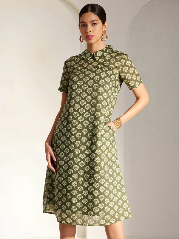 Comfortable evening dresses -Chanderi Indian Motif Dress - Green And Off White