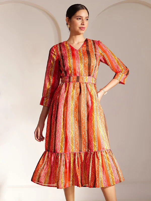 Floral print dresses for garden parties -Chanderi Striped Tiered Dress - Multicolour