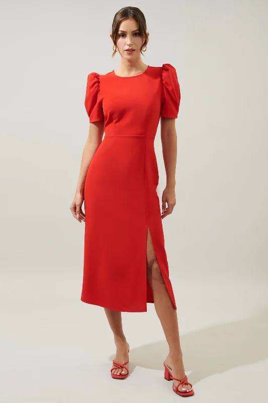 Off-shoulder dresses -Chelsea Gathered Sleeve Midi Sheath Dress