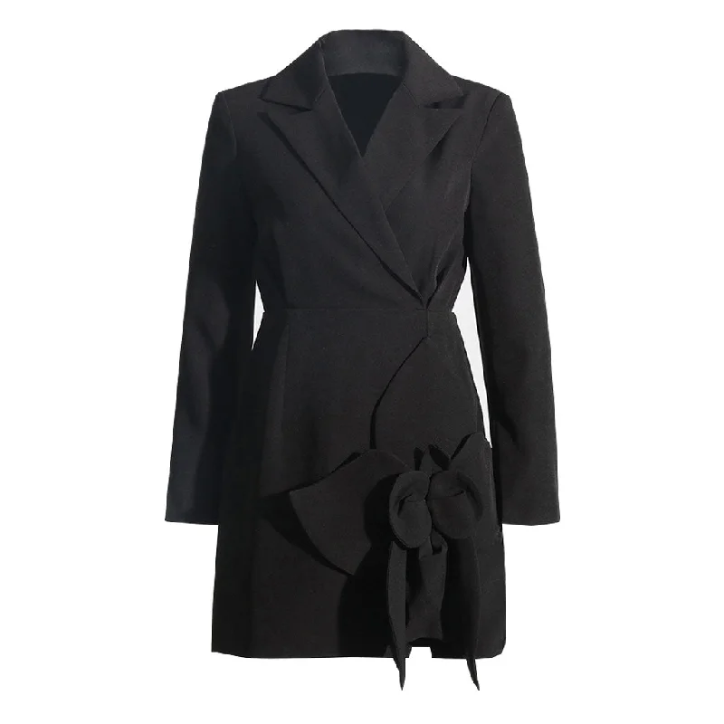 Dresses for black tie events -Chic 3D Floral Detail Lapel Collar Long Sleeve Tailored Mini Blazer Dress