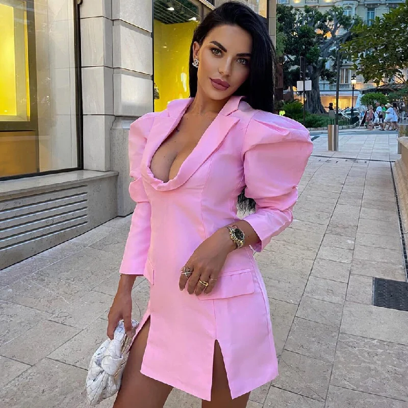 Wrap dresses for women -Chic Puff Sleeve Slit Front Deep V Mini Blazer Dress - Pink