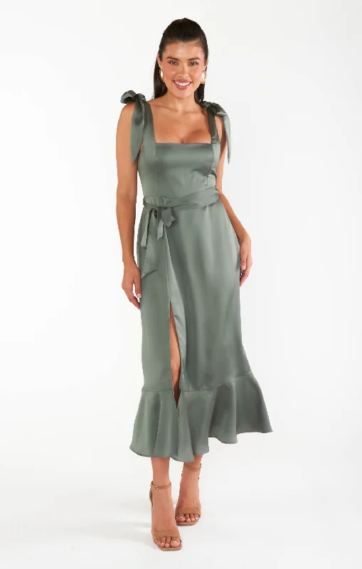 Dresses for formal gatherings -Claire Midi Dress ~ Deep Sage Luxe Satin