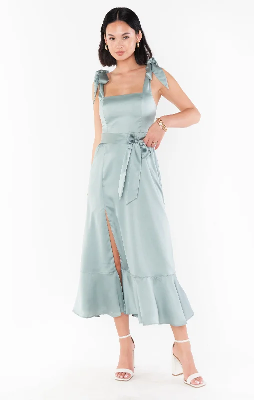 Off-shoulder party dresses -Claire Midi Dress ~ Silver Sage Luxe Satin