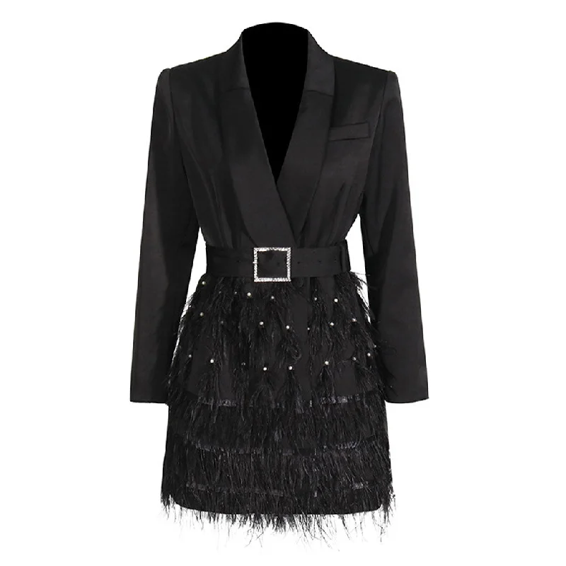 Dresses for travel and vacations -Classy Pearl Feather Belted Shawl Collar One Button Micro Mini Blazer Dress