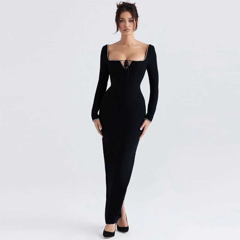 Sheath dresses for women -Classy Rhinestone Square Neck Long Sleeve Open Back Maxi Bandage Dress - Black