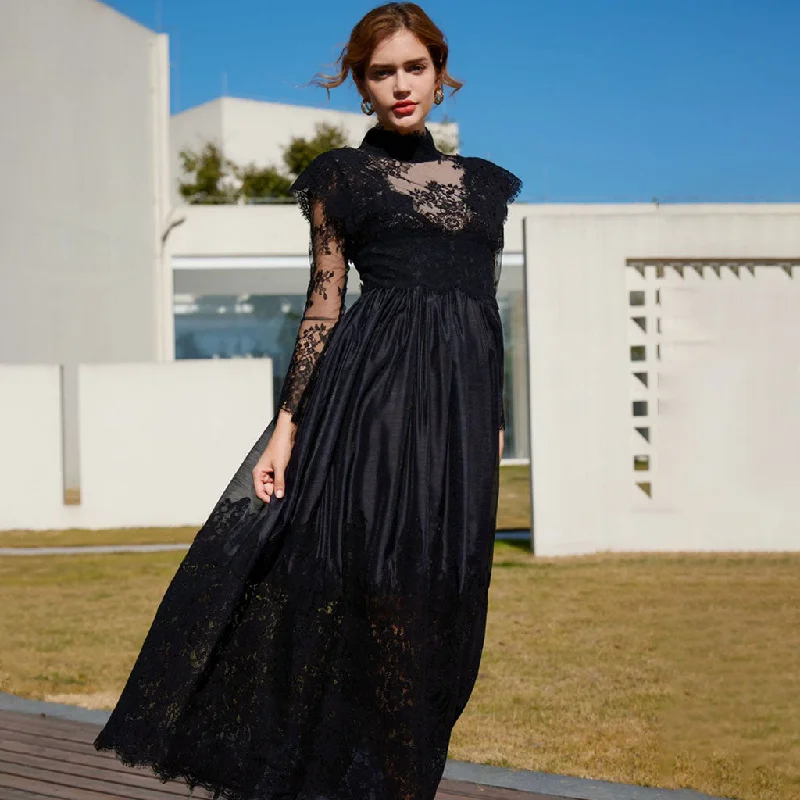 Comfortable maxi dresses -Classy Sheer Floral Lace Mock Neck Long Sleeve A Line Gown Maxi Dress