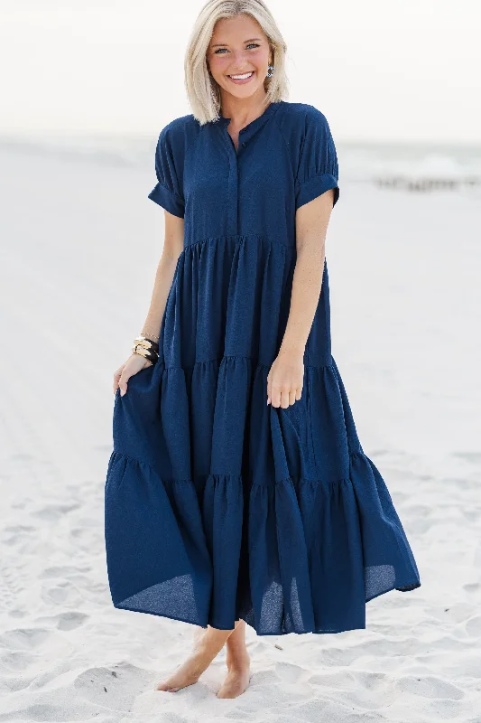 Wedding reception maxi dresses -Clear Skies Ahead Midnight Blue Midi Dress