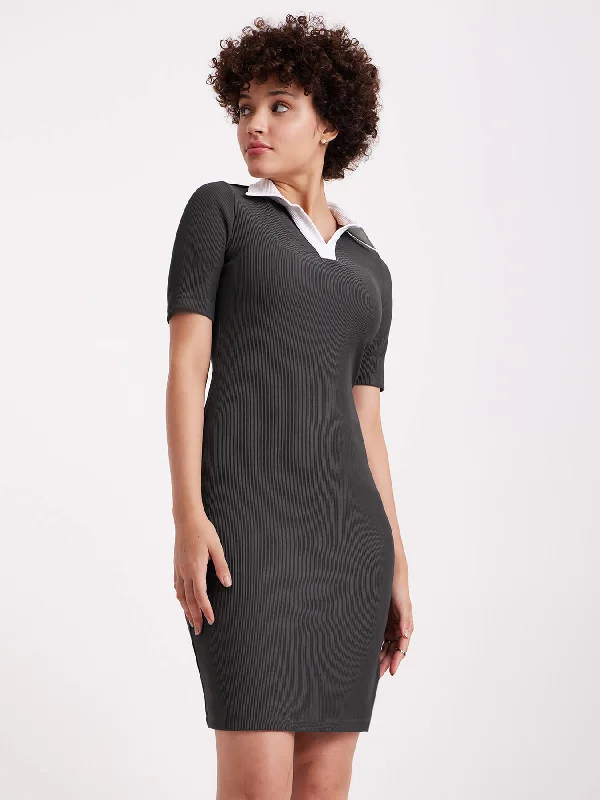 Dresses with high collars -Collared Rib Knit Dress - Grey And White