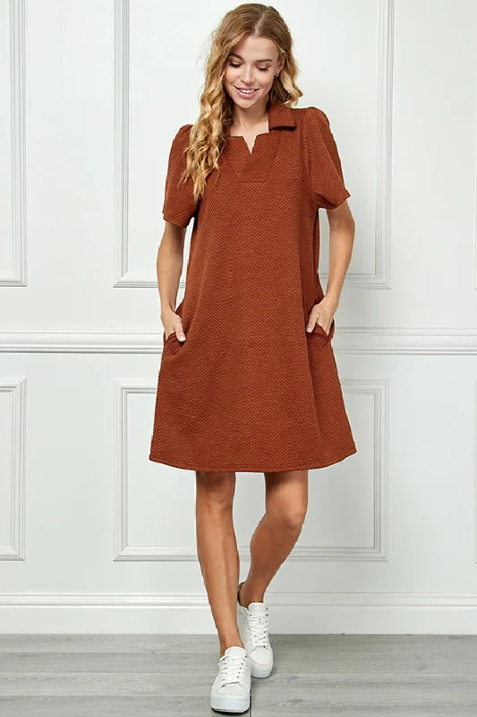 Long gown dresses for women -Collared Textured Dress-Rust