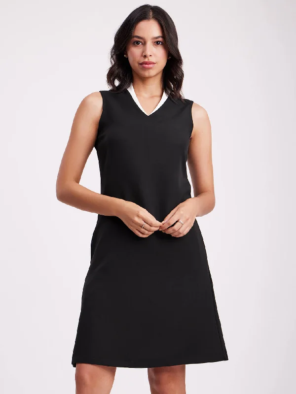 Little black dress -Colour Block A Line Dress - Black