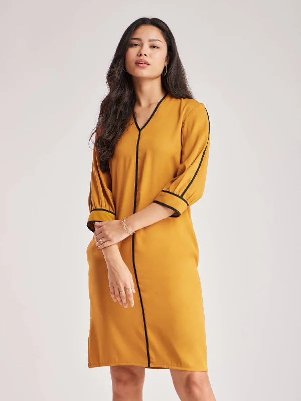 Long flowing dresses -Colour Block Dress - Mustard And Black