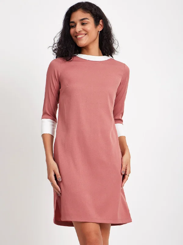 Summer dresses for hot weather -Colour Block Quarter Sleeves Dress - Dusty Pink