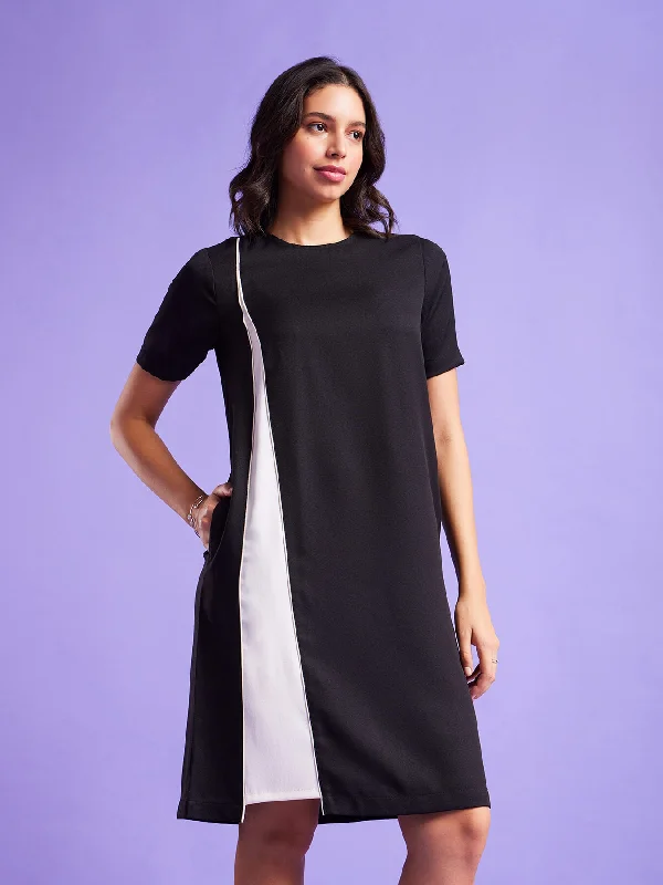 Fancy dresses for women -Colour Block Round Neck Dress - Black And White