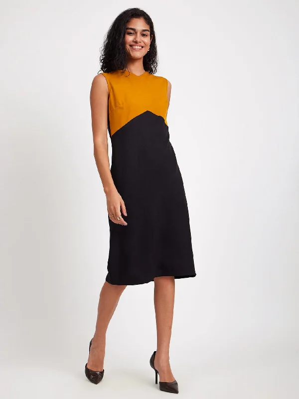 Sheath dresses for women -Colour Block V Neck Dress - Mustard And Black