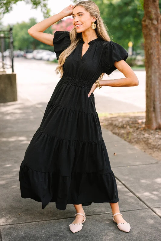 Dresses for social gatherings -Coming Back For You Black Tiered Midi Dress