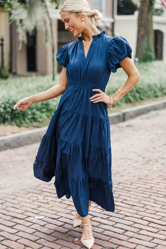 Dresses for beach vacations -Coming Back For You Navy Blue Tiered Midi Dress