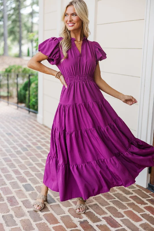 Elegant formal gowns -Coming Back For You Plum Purple Tiered Midi Dress