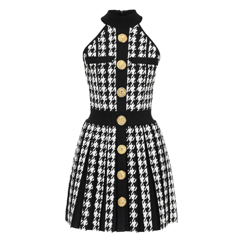 Sexy dresses for women -Contrast Buttoned Houndstooth Print Sleeveless Fit and Flare Mini Pleated Sweater Dress