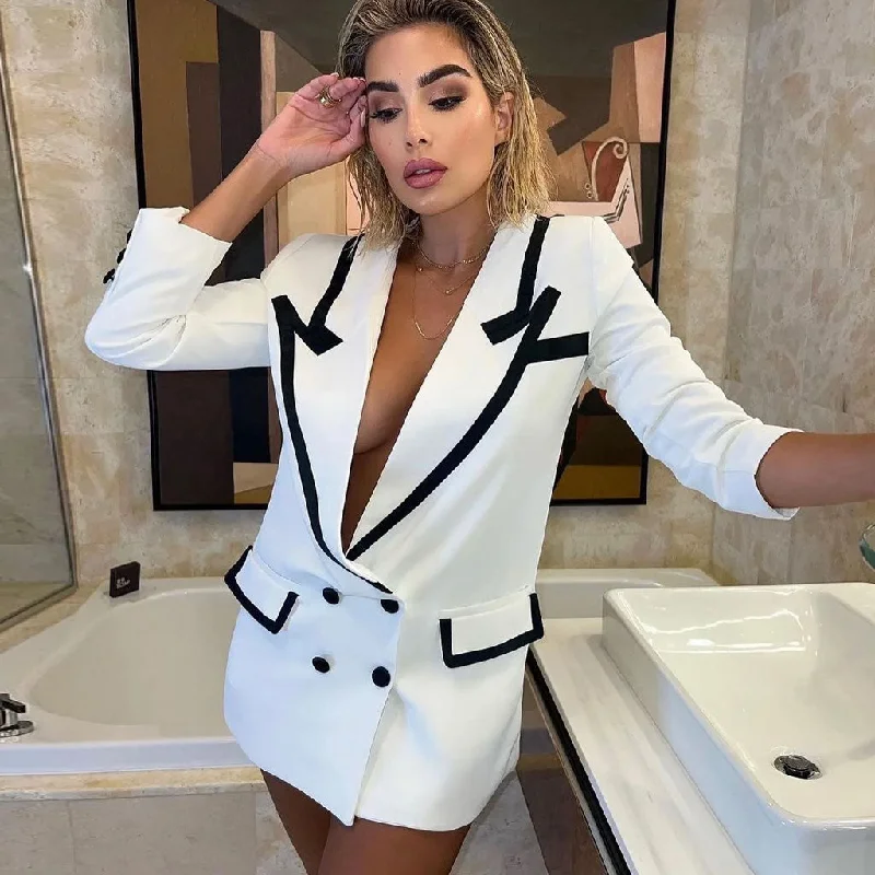 Boho chic summer dresses -Contrast Peak Lapel Double Breasted Oversized Blazer Mini Dress - White