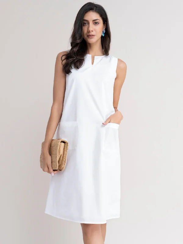 Dresses with open back for women -Cotton A Line Dress - White