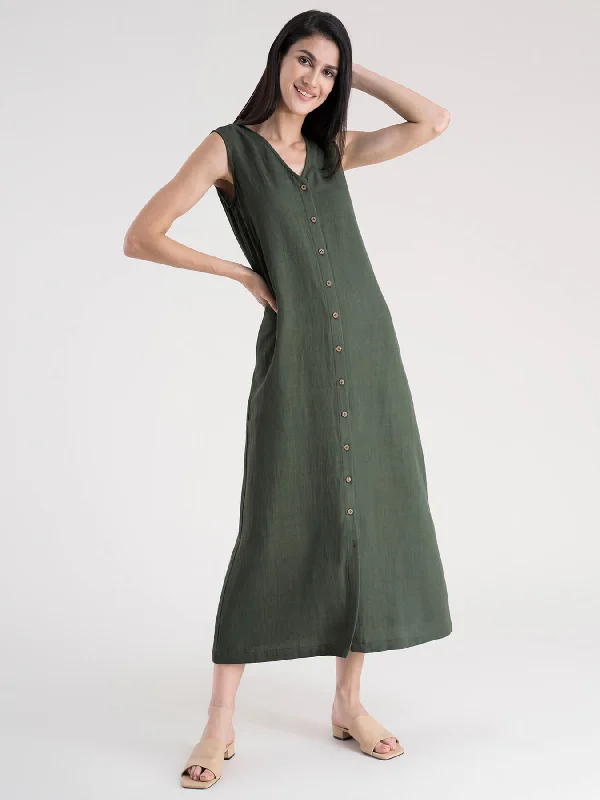 Elegant cocktail gowns -Cotton Button Down A-Line Dress - Olive