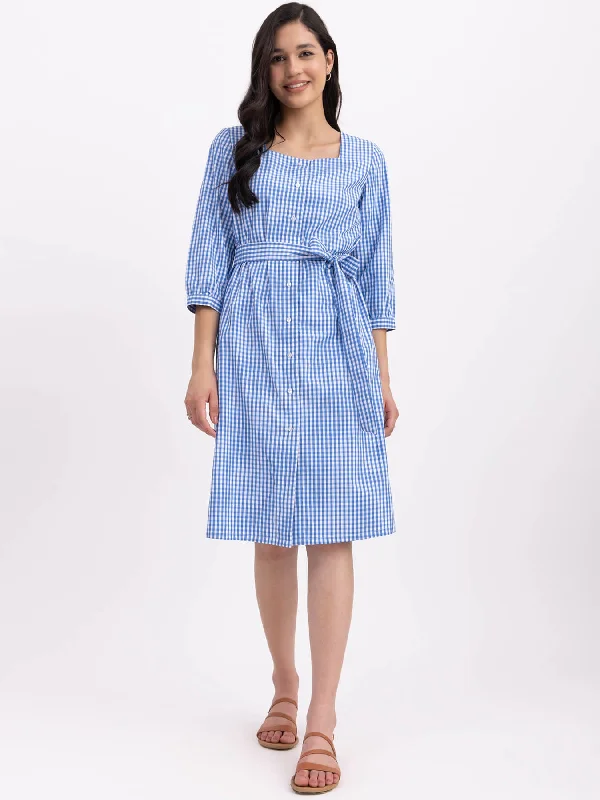 Casual sundresses for women -Cotton Checkered Square Neck Dress - Blue And White