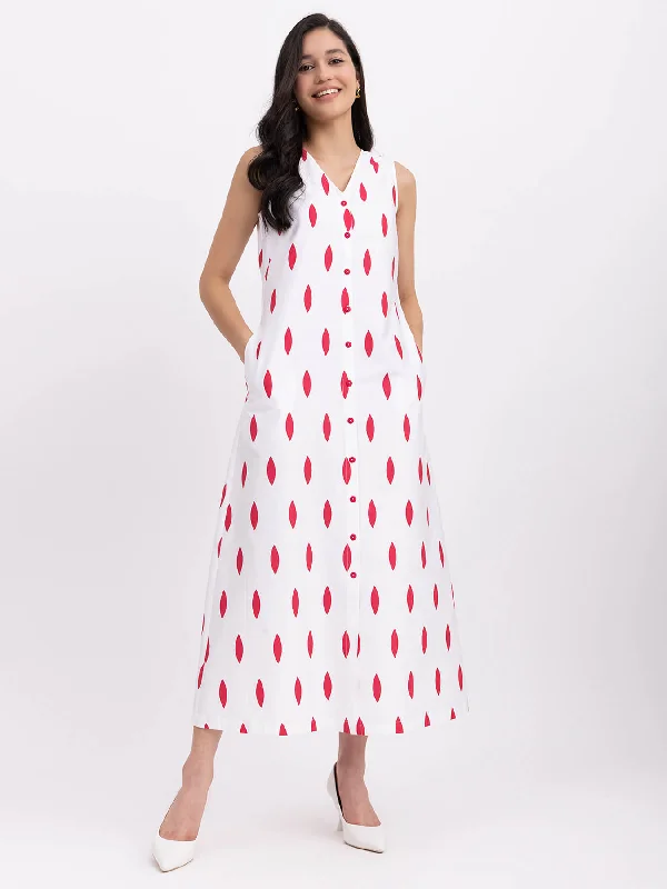 Plus size dresses for women -Cotton Geometric Print Dress - White And Red