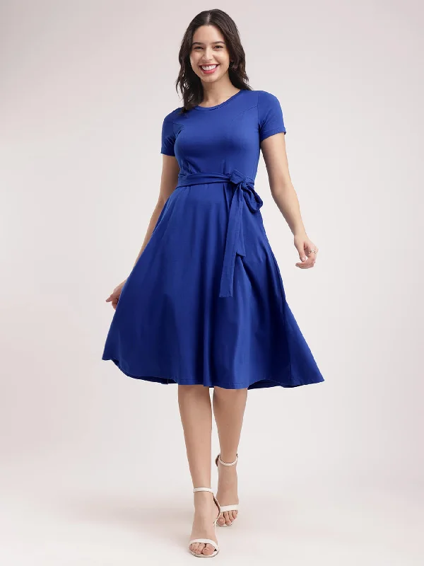 Elegant fitted dresses -Cotton Knitted Fit And Flare Dress - Royal Blue