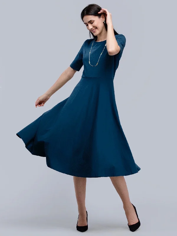 High fashion dresses -Cotton Round Neck Knitted Fit And Flare Dress - Blue