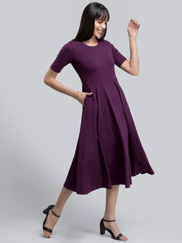 Satin casual dresses -Cotton Round Neck Knitted Fit And Flare Dress - Purple