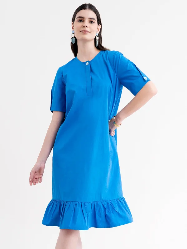 White dresses for women -Cotton Ruffled Dress - Royal Blue