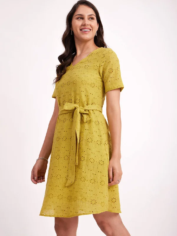 Dress with belt -Cotton Schiffli A-Line Dress - Lime