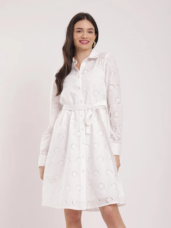 All-season dresses for women -Cotton Schiffli Dress - White