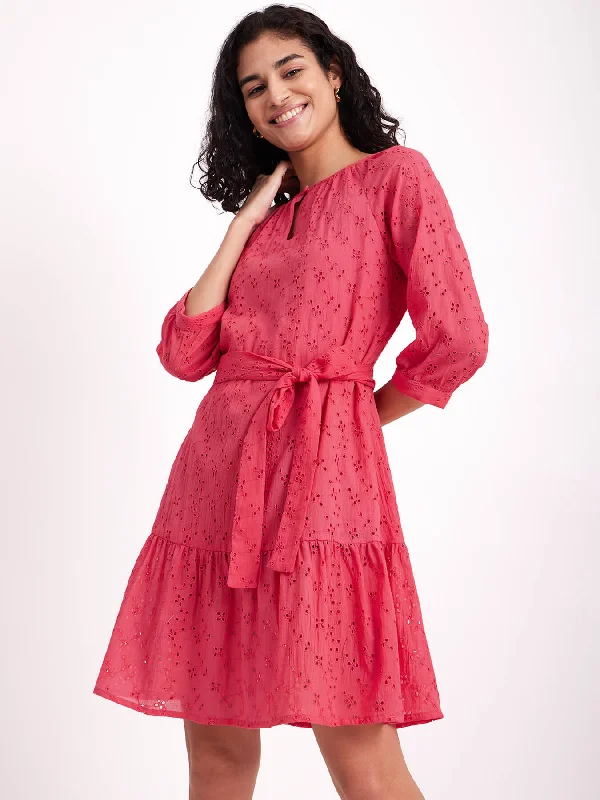 Bohemian style dresses for weddings -Cotton Schiffli Tiered Dress - Pink