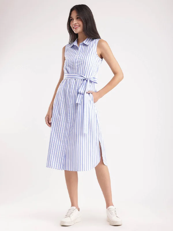 Off-shoulder dresses for events -Cotton Striped Dress - Blue And White